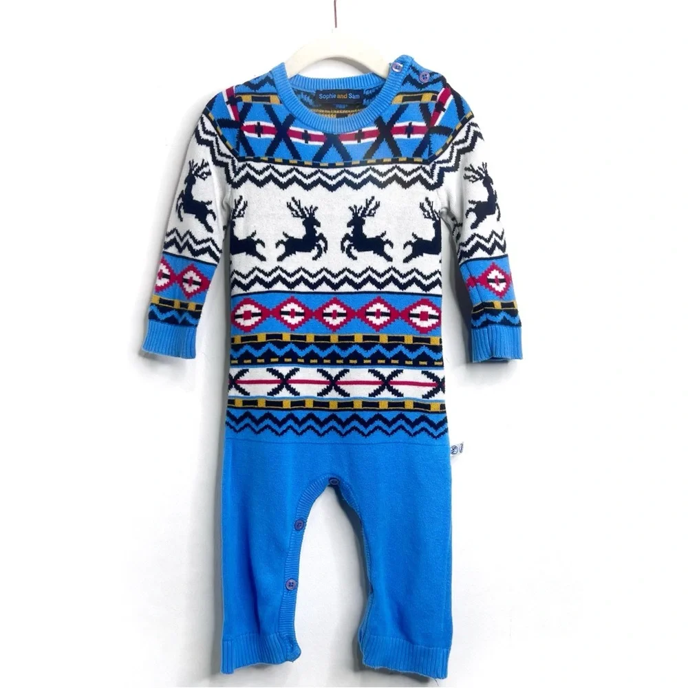 Sophie and Sam Nordic Deer Fair Isle Knit One Piece with Buttons 6-9 mos.